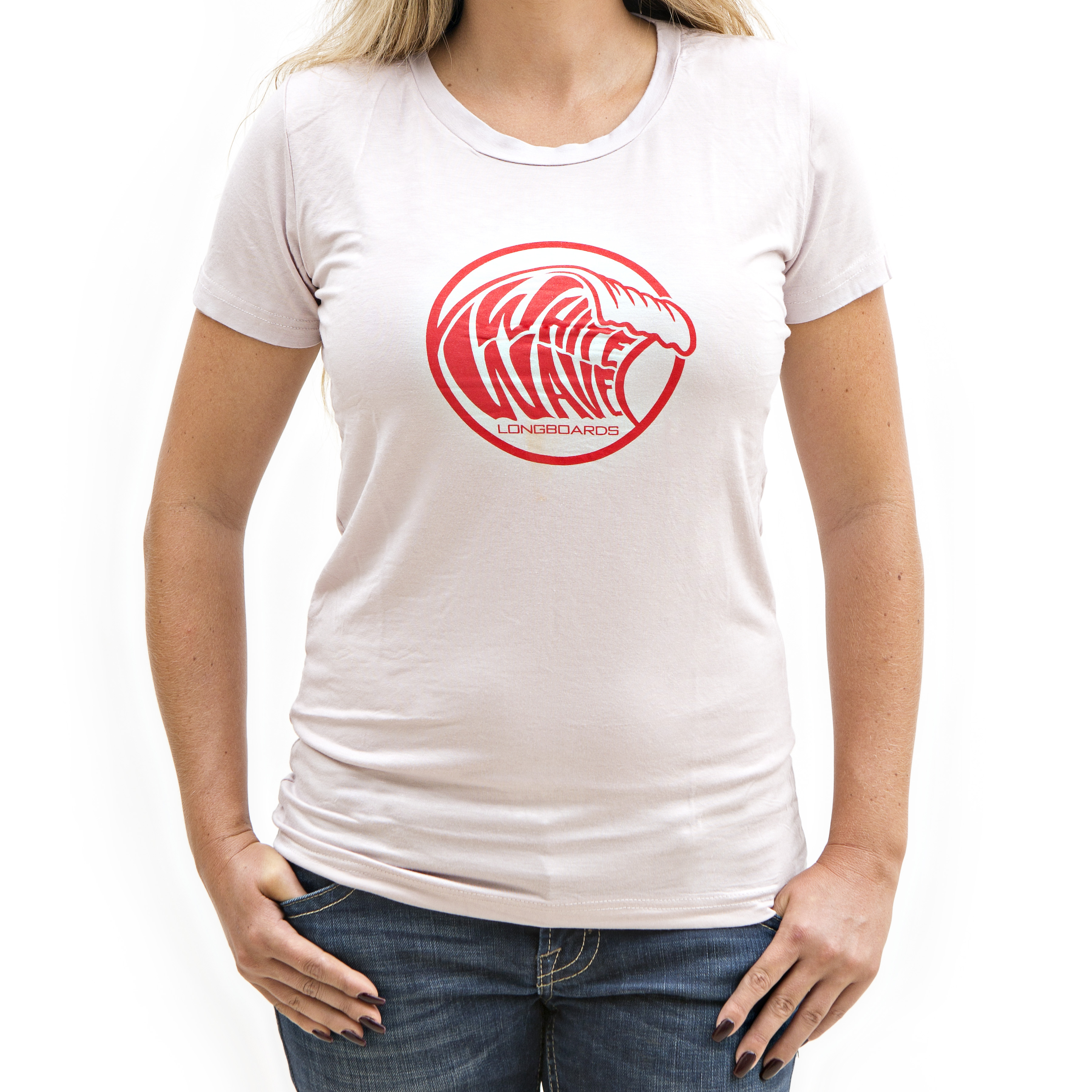 white wave longboard light gray red women's t-shirt